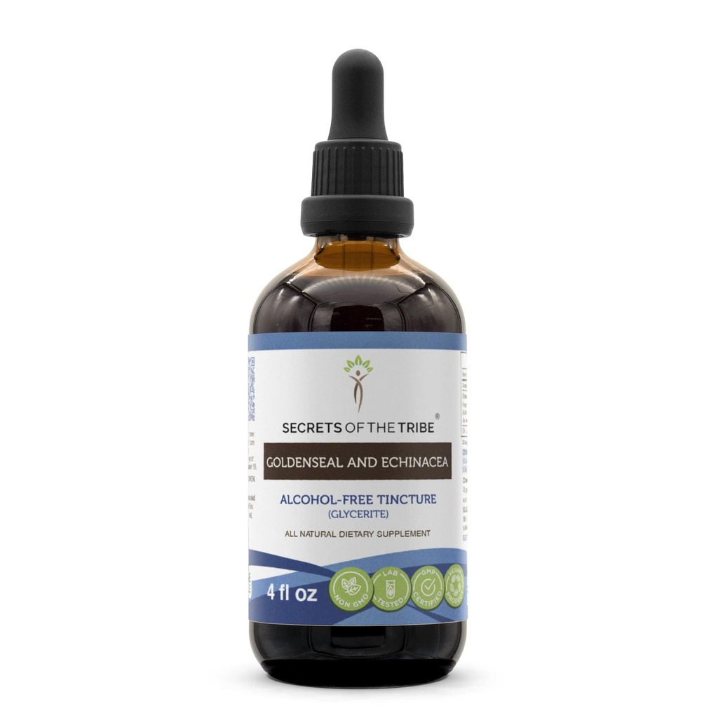Secrets du Tribe Goldenseal et de l'Echinacea Extrait liquide sans alcool, Herbes (racine d'Echinacea (Echinacea Purpurea), racine de Goldenseal (Hydrastis Canadensis)) Supplément de teinture (4 FL OZ)