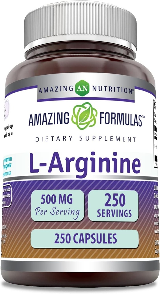 Formules étonnantes L-Arginine Supplément de 500 mg 250 capsules d'acide amino pour les hommes et les femmes d'origine non-OGM d'origine américaine