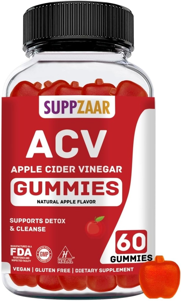 Gommies de vinaigre de cidre de pomme végétalien avec la mère, 500mg 60 portions - Gommies de vinaigre de cidre de pomme pour désintoxication naturelle et nettoyage du système immunitaire, digestion - Alternative aux capsules de vinaigre de cidre de pomme
