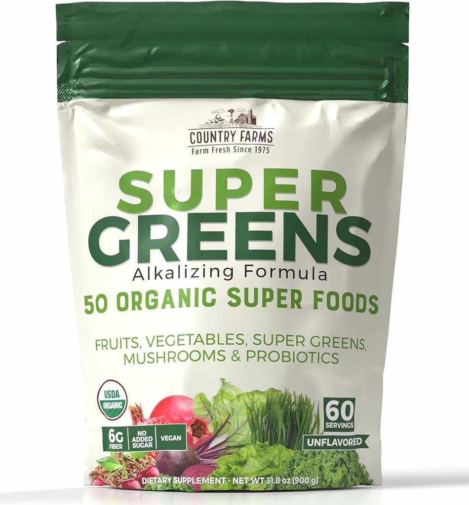 Fermes de campagne Super Greens Saveur naturelle, 50 Super aliments biologiques, USDA Mélange de boisson biologique, Fruits, Légumes, Super Greens, avec fibre, champignons et probiotiques, soutient l'énergie, 60 portions, 900g