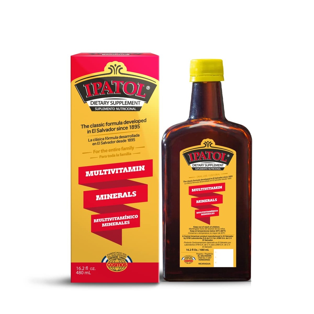 Supplément multivitamine, depuis 1895. Vitamine A, D, calcium, fer, manganèse, sodium, potassium. Supplémento multivitaminico, Desde 1895. Vitamine A, D, Calcio, Hierro, El Salvador