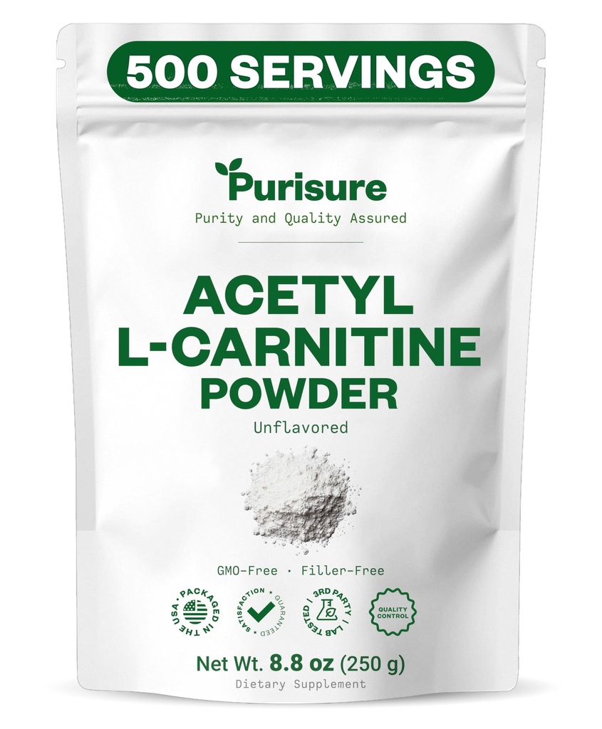 Poudre d'acétyle L-Carnitine purisure, 250g, poudre d'ALCAR, supplément acide aminé, supplément d'acétyle L-Carnitine pour une meilleure performance cognitive et une endurance musculaire, sans gluten, sans OGM, 500 portions