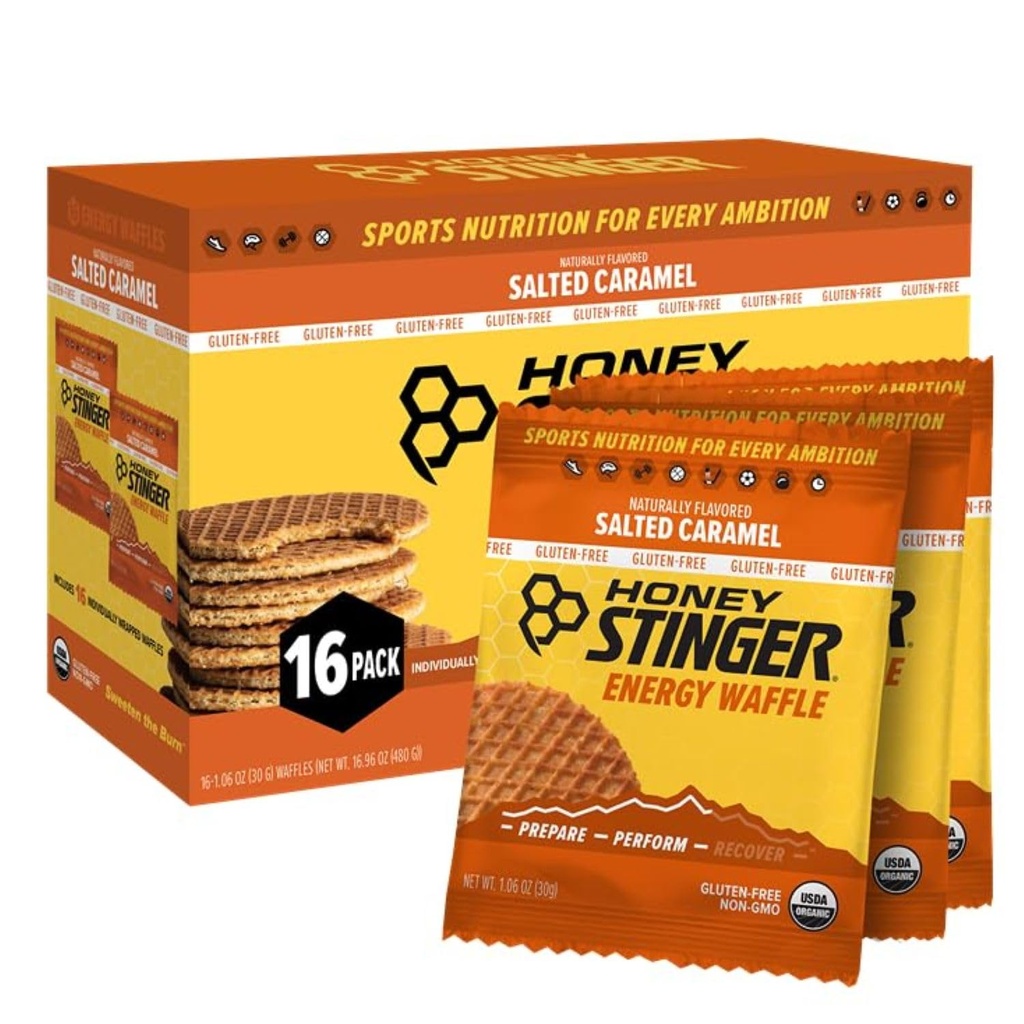 Miel Stinger Bio Gluten Sans Guelfle Salé Caramel, Energy Stroopwafel pour l'exercice, l'endurance et la performance, Nutrition sportive pour la maison et le gym, Pré et post entraînement, Boîte de 16 gaufres, 16.96 Oz