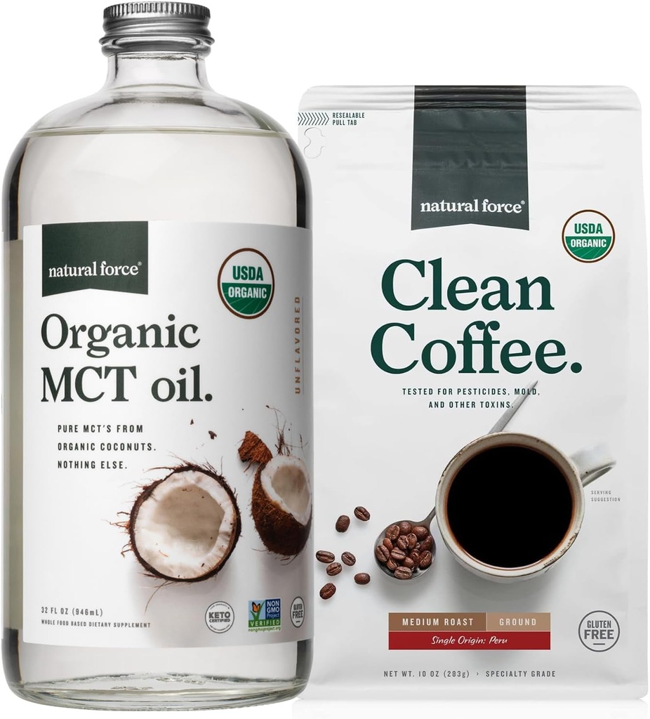 Natural Force Bio Ground Clean Coffee + Bio MCT Oil Bundle – 100% pur Coconut MCT & Mold & Mycotoxine sans café – Non-OGM, Keto, Paleo et Vegan - 10 Oz Sac et 32 Oz bouteille en verre