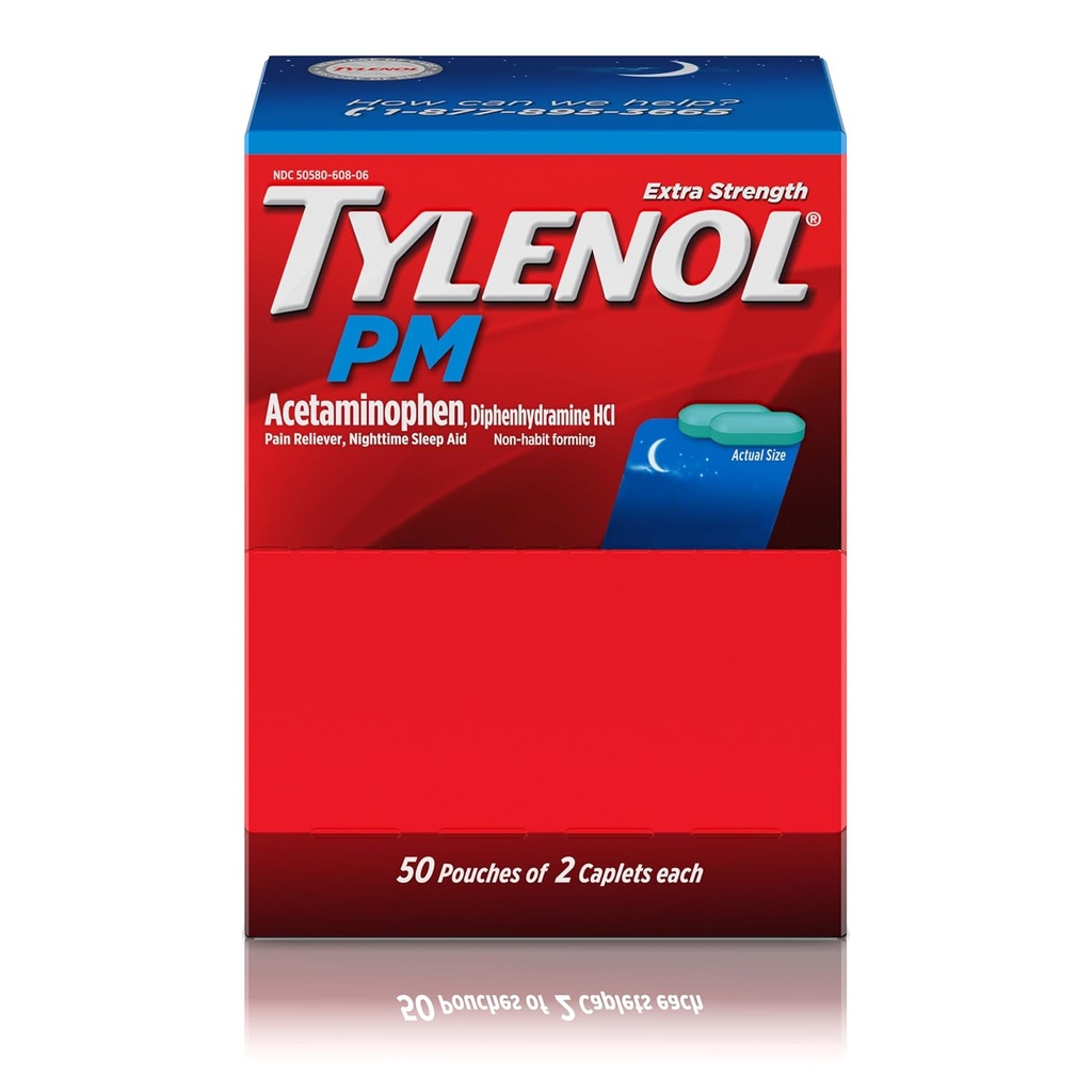 Tylenol PM Extra Strength Nighttime Pain Reliefer Caplets d'aide au sommeil avec acétaminophène et HCl diphénhydramine, soulagement des douleurs et des douleurs nocturnes, taille de voyage, 50 paquets de 2 Caplets
