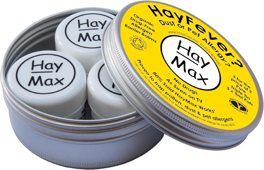 HayMax Allergen Barrier Balm Triple Tin Pure - Pack of 3 - Organic, Natural & Non-Drowsy Hay Fever & Allergy Relief Balm - Traps Pollen, Dust & Other Allergen Particles - Apply Around The Nose & Eyes