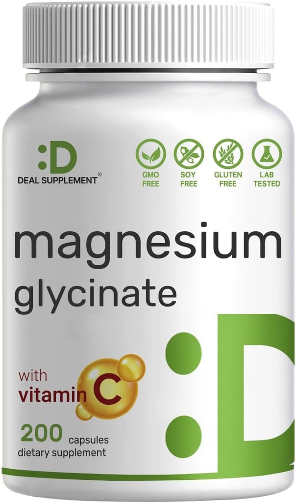 Glycinat de magnésium 500mg par gélule (1000mg par portion) Plus vitamine C, 240 gélules – 100% chélaté pour l'absorption facile – supplément minéral essentiel