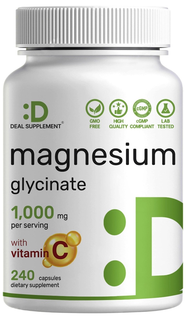 Magnesium Glycinate 500mg Per Capsule (1000mg Per Serving) Plus Vitamin C, 240 Capsules – 100% Chelated for Easy Absorption – Essential Mineral Supplement