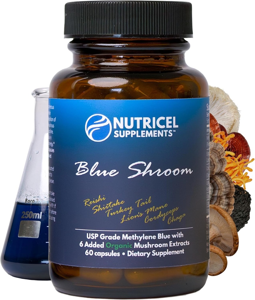 Capsules bleues de méthylène de nutrique avec des extraits de champignons: Lion's Mane, Reishi, Cordyceps, Chaga, Shiitake, Turkey Tail - Confiance Made in America Brand - 7mg (USP Reference Compliant) (60ct)