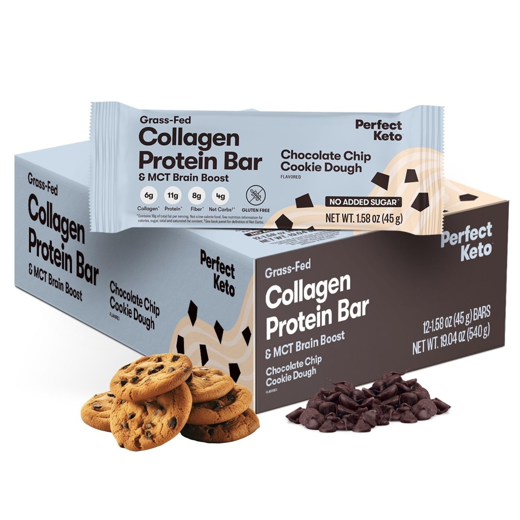 Barres de protéines de collagène parfaites, collagène gras sans gluten + MCT Huile, faible teneur en glucides, pas de sucre ajouté, haute teneur en protéines collations, aliments de régime kéto, 11g de protéines, 18g de gras, 3g de glucides nets, croustilles de chocolat, 12 barres