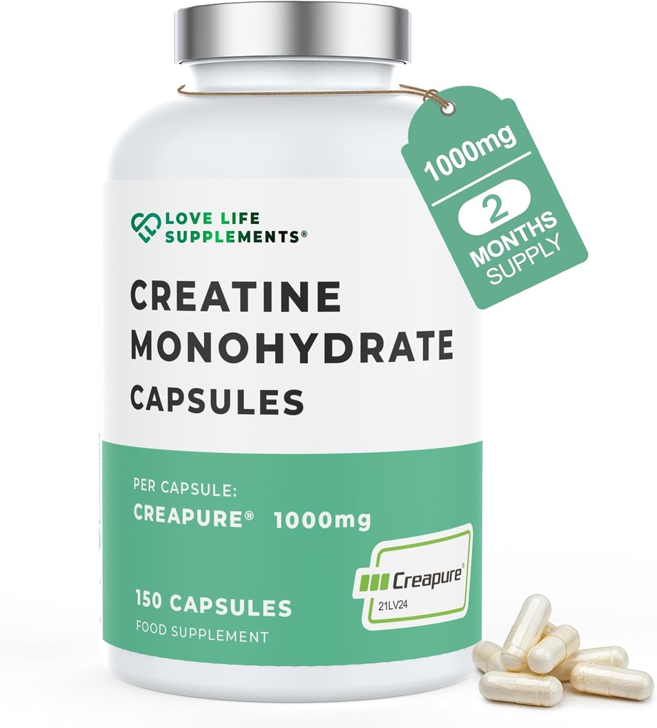 Love Life Supplements Creapure® Creatine Monohydrate, 150 capsules, 1 gramme par gélule (pas de poudre ni de comprimés), 30-50 portions, pour la construction musculaire, la force et la puissance, 3ème partie testée
