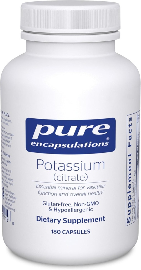 Encapsulations pures Potassium (Citrate) - Supplément électrolyte essentiel pour soutenir la fonction nerveuse et musculaire, adrénales, hormones, santé cardiaque et énergie* - Capsule de citrate de potassium - 180 Capsules