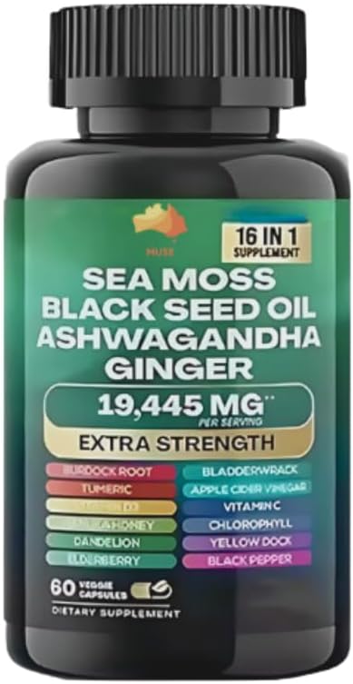 Muse Sea Moss, Black Seed Oil, Ashwagandha, Ginger, Shilajit, Elderberry, Chlorophylle, Turmeric, Bladderwrack, Gommies de force avancées, 19,445mg, All-in-1 Bundle, 60 Compte, Fabriqué aux États-Unis