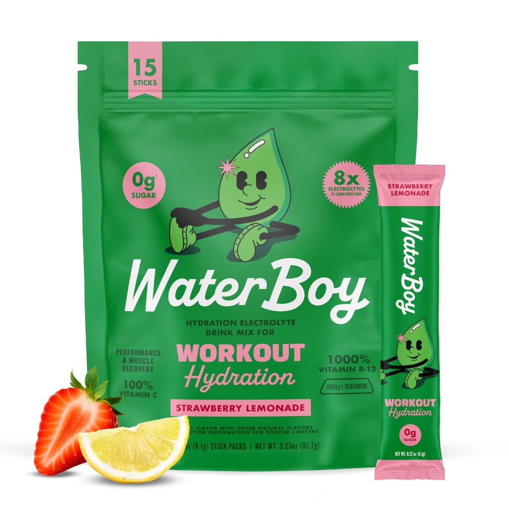 Waterboy entraînement Hydratation $ 2,960mg Sans sucre Electrolyte en poudre Packets $ L-Glutamine + Vitamines $ Pas de sucre, tout naturel, sans gluten $ 15 Mélanges de bâton de boisson (Lémonade de mûres)