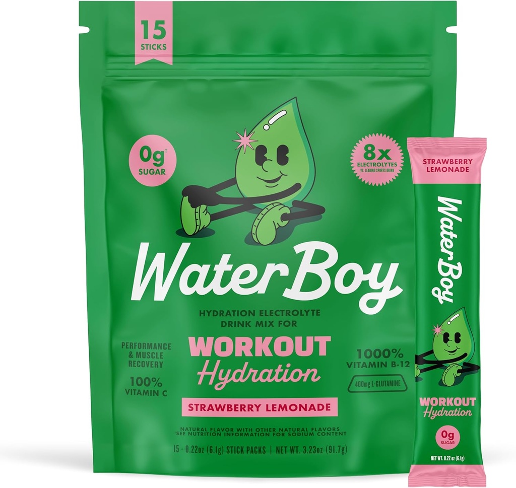 Waterboy entraînement Hydratation $ 2,960mg Sans sucre Electrolyte en poudre Packets $ L-Glutamine + Vitamines $ Pas de sucre, tout naturel, sans gluten $ 15 Mélanges de bâton de boisson (Lémonade de mûres)
