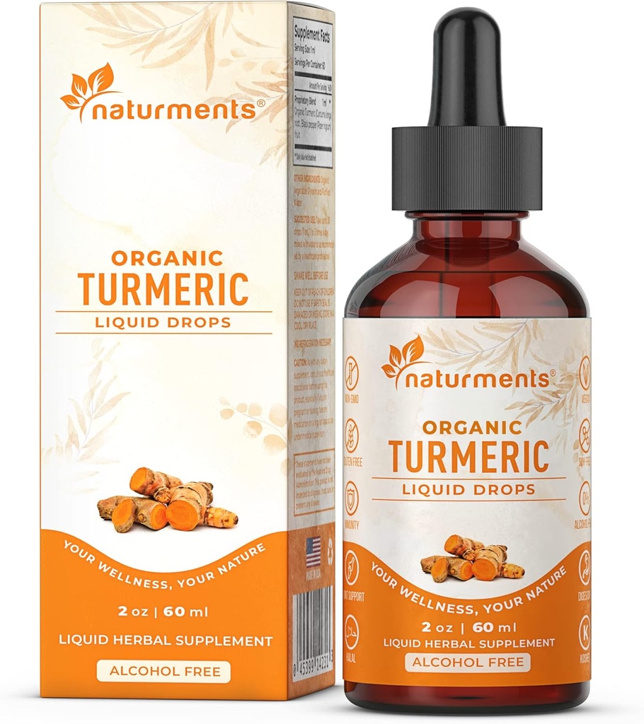 Naturments Curcumine curcumine curcumine liquide: Curcumine curcumine curcuma biologique certifiée avec gingembre et poivre noir- Soutien, Immunis et soutien digestif, vieillissement gracieux - 2 Fl Oz