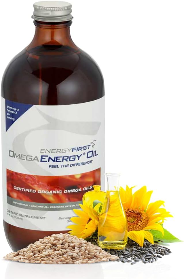 EnergyFirst Omega Energy Oil - supplément Omega 3 & 6 avec lin, tournesol, sésame et huile de graines de citrouille, antioxydant végétalien et 12oz