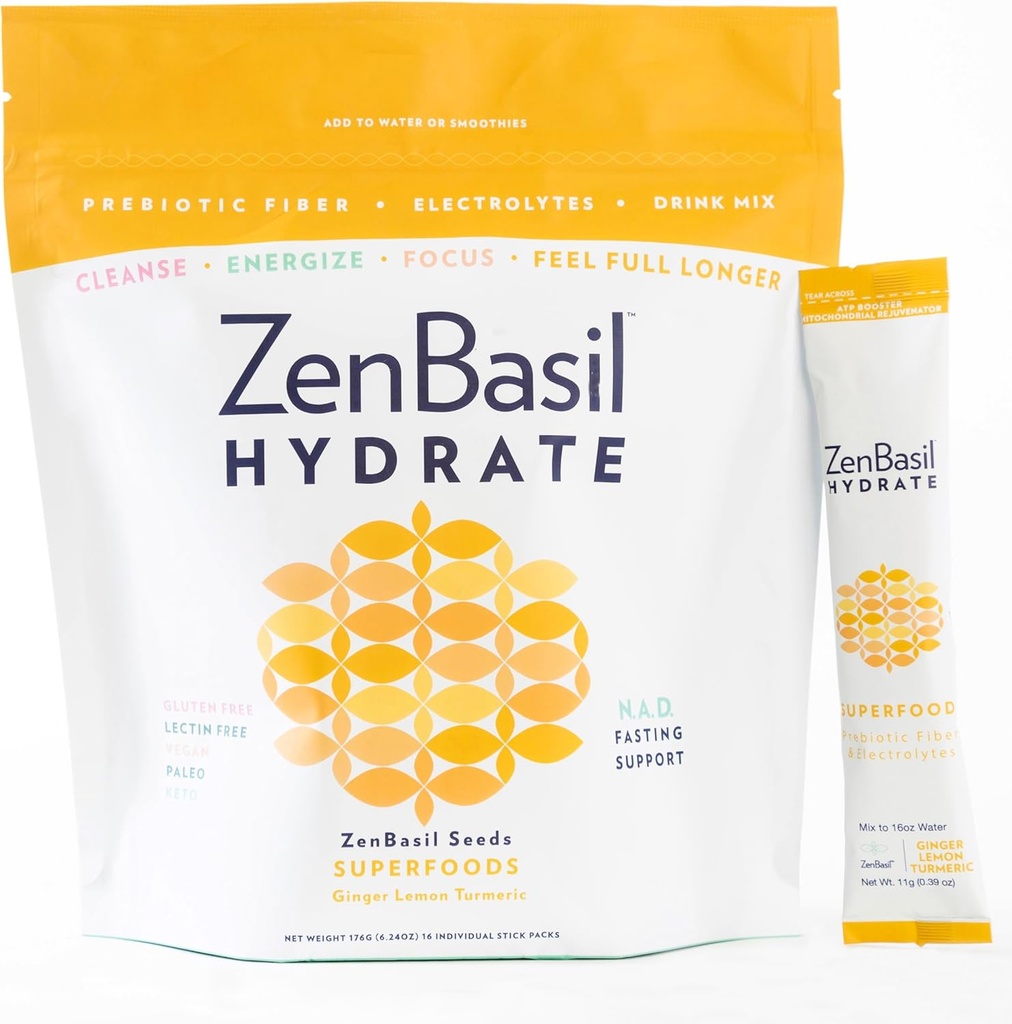 Zen Basil Hydrate - Ginger Lemon Turmeric | Electrolyte Hydration Powder Packets | Fasting Support | Sugar Free, Keto, Paleo | 16 Sticks | Cellular Hydration