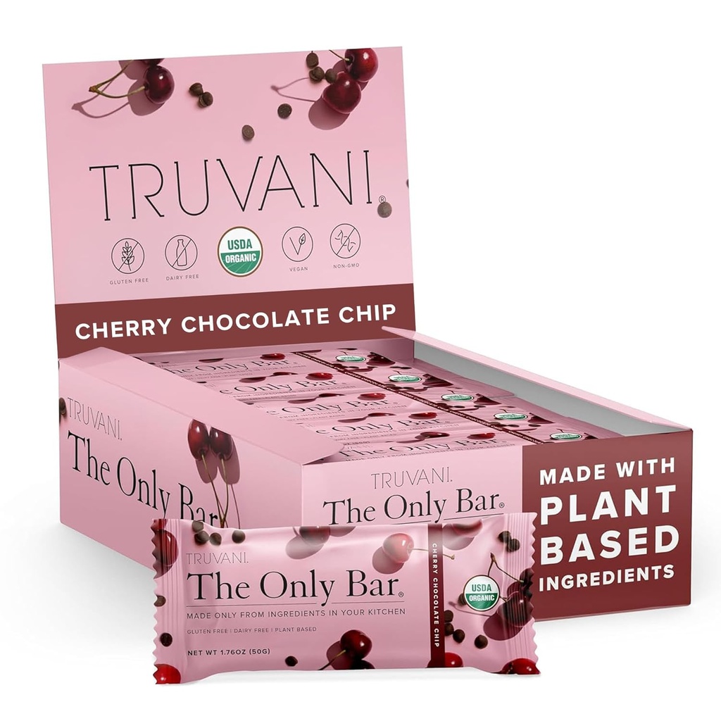 Truvani à base d'usine de snack Bars de chocolat cerise Chip 12 Pack de 5g de protéines USDA biologique et végétalien.