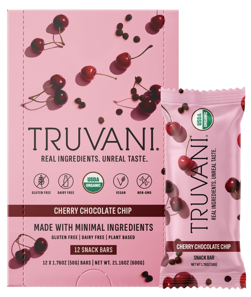 Truvani à base d'usine de snack Bars de chocolat cerise Chip 12 Pack de 5g de protéines USDA biologique et végétalien.