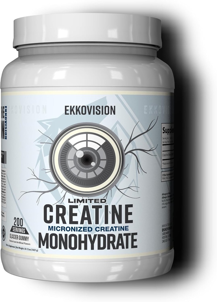 Ekkovision poudre monohydratée de créatine, micronisée, glacier gummy, pré-entraînement et post-entraînement pour les hommes et les femmes, soutien énergétique, facile à mélanger dans les secousses, smoothies et boissons, 200 portions