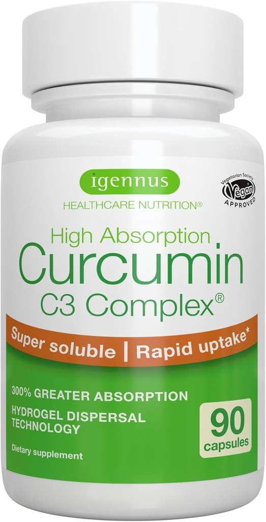 Igennus Advanced Curcumin C3 Complex, 300% Grande absorption et prise rapide, 95% extrait normalisé, 90 portions, étiquette propre, supplément végétalien, 1 jour, 90 capsules