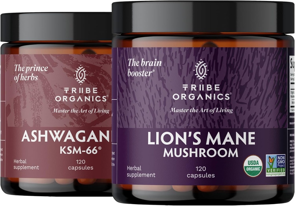 ORGANISMES DE TRIBE NOOTROPIC Duo - KSM66 Ashwagandha + Lion biologique - Au-delà de la focalisation, sensibilisation mentale et santé mentale