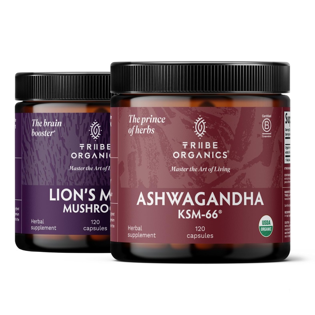 ORGANISMES DE TRIBE NOOTROPIC Duo - KSM66 Ashwagandha + Lion biologique - Au-delà de la focalisation, sensibilisation mentale et santé mentale