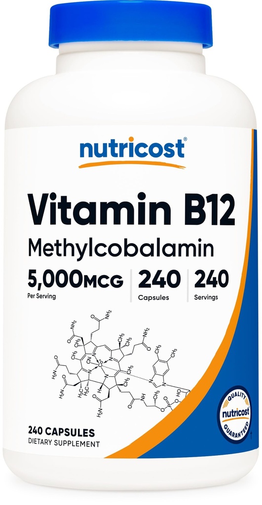 Nutricost Vitamine B12 (méthylcobalamine) 5000mcg, 240 Capsules - Bouchons végétariens, Non-OGM, Supplément sans gluten B12