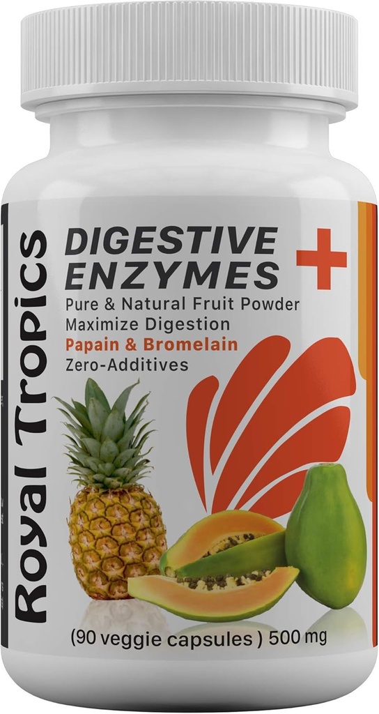 Royal Tropics Suppléments enzymatiques digestifs - Formule végétarienne avec Papaye verte ajouté Réducteur d'acide bromelain pour la santé parfaite Gut Veggie 90 Capsules 500 mg