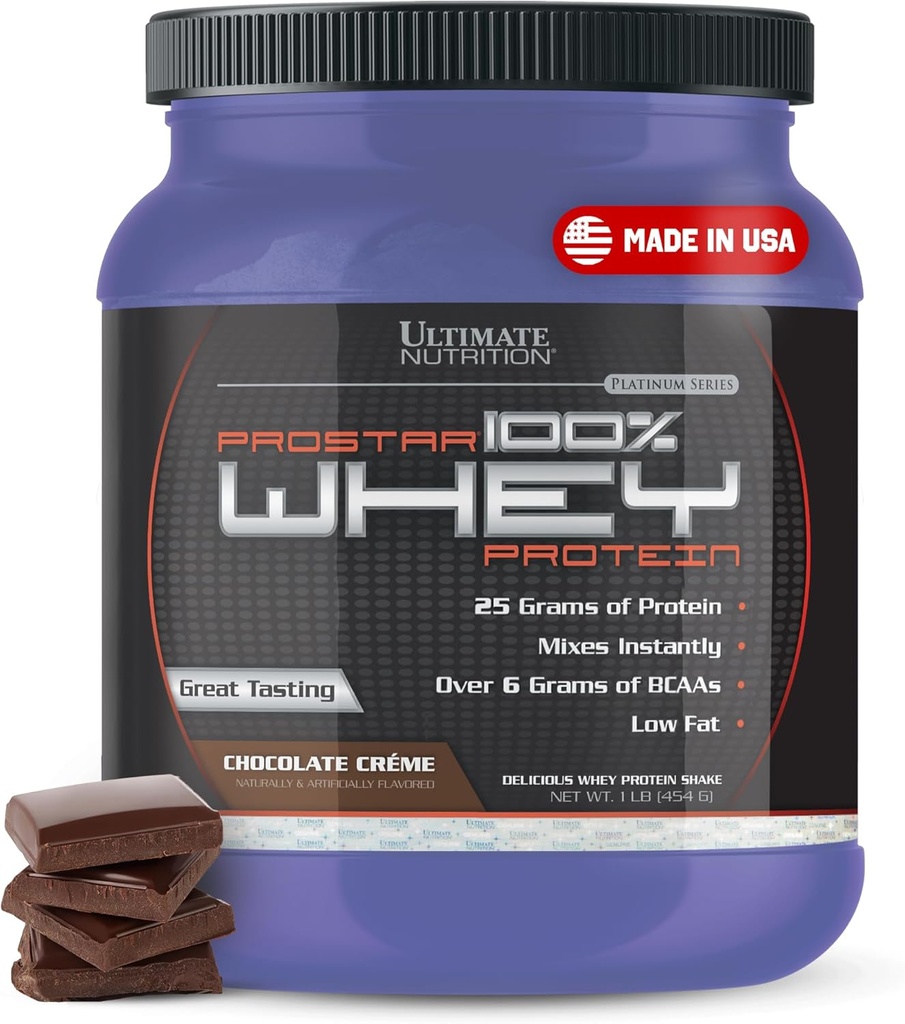 Ultimate Nutrition Prostar Whey Protéine Poudre Isolée, Chocolat - Faible Carb, Poudre à haute protéine Shake pour le gain musculaire et la récupération - Faible Sodium, Faible Fat et Keto Friendly - 1 lb Tub