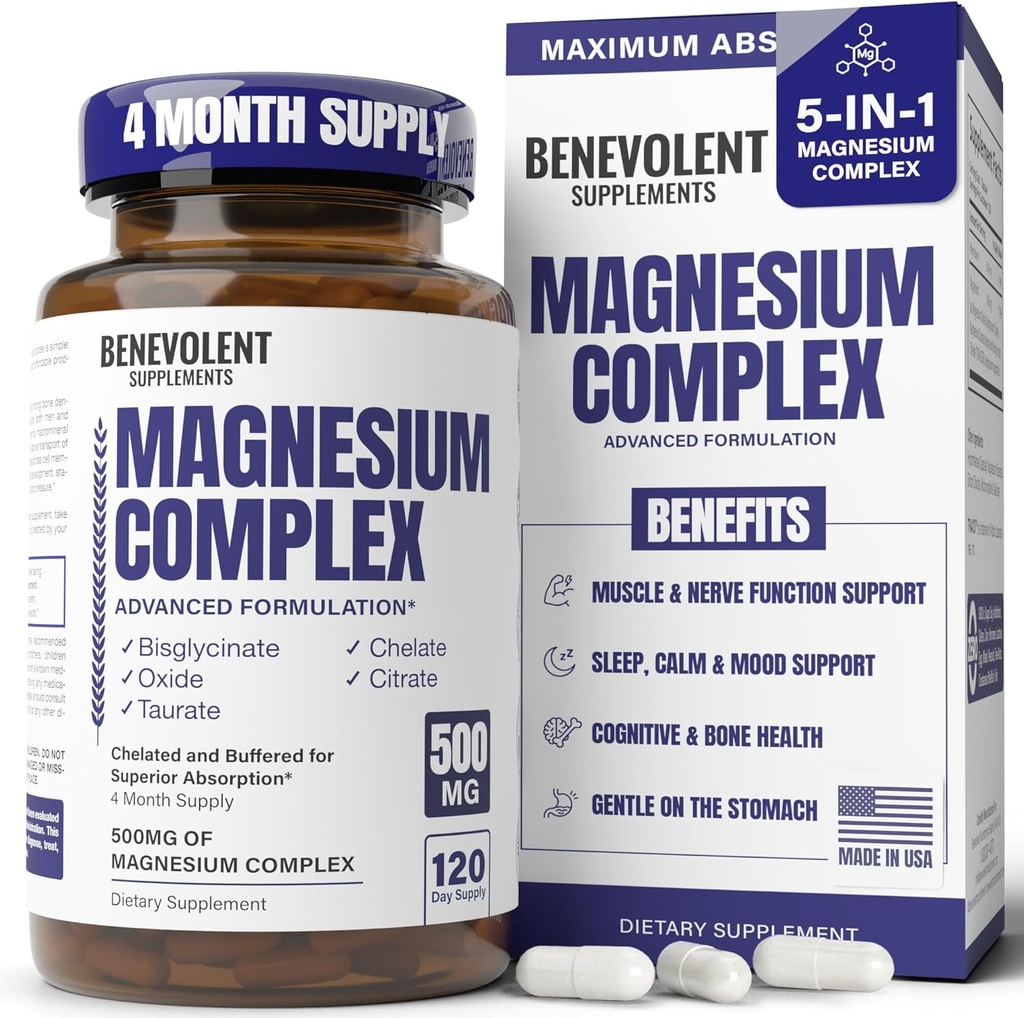 Supplément complexe de magnésium, 4 mois d'approvisionnement de 500mg 5-en-1 Bisglycinate, Oxyde, Taurate, Aspartate, Citrate, Max Absorption Supplément de magnésium pour calme, Sleep & Jambe Crampes, 120 Capsule