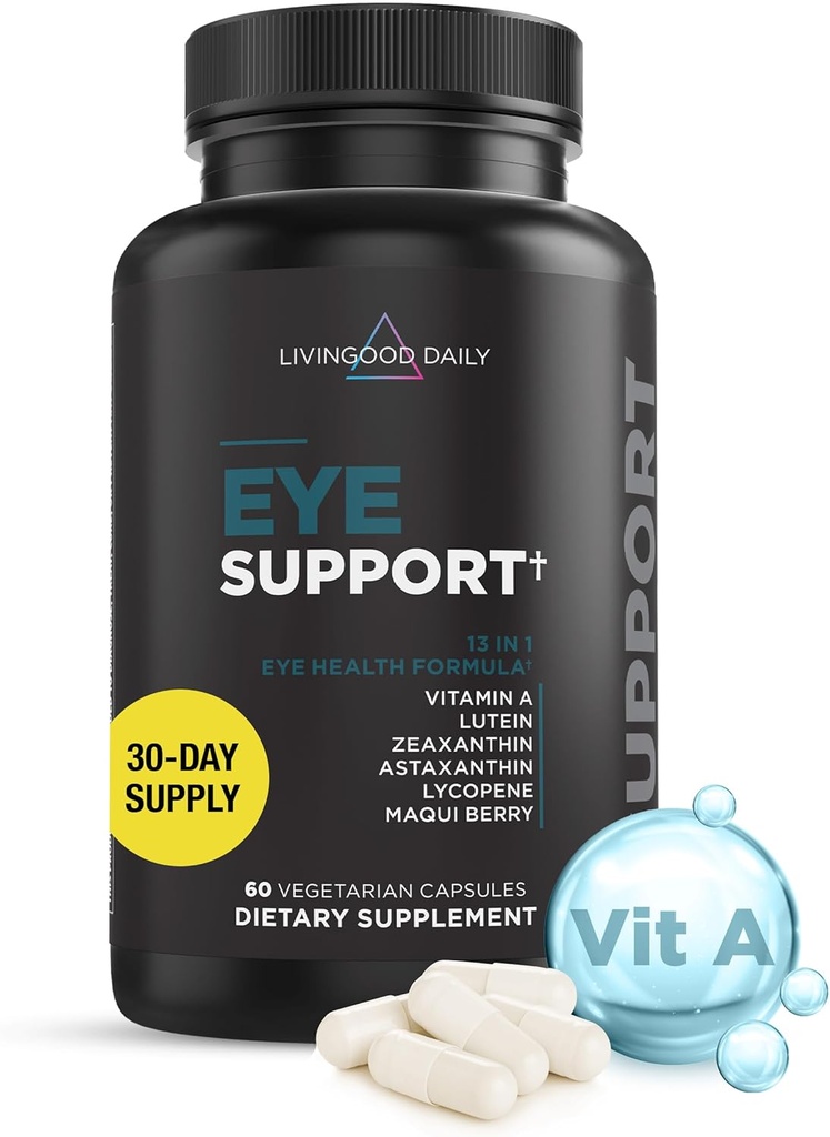 Livingood Daily Eye Support, 13-en-1 Supplément Vision avec Lutéine, Zeaxanthine, Astaxanthine, Vitamine A, Lycopène, Maqui Berry et plus, favorise la santé des yeux, protection de la lumière bleue, végétalien, 60 capsules