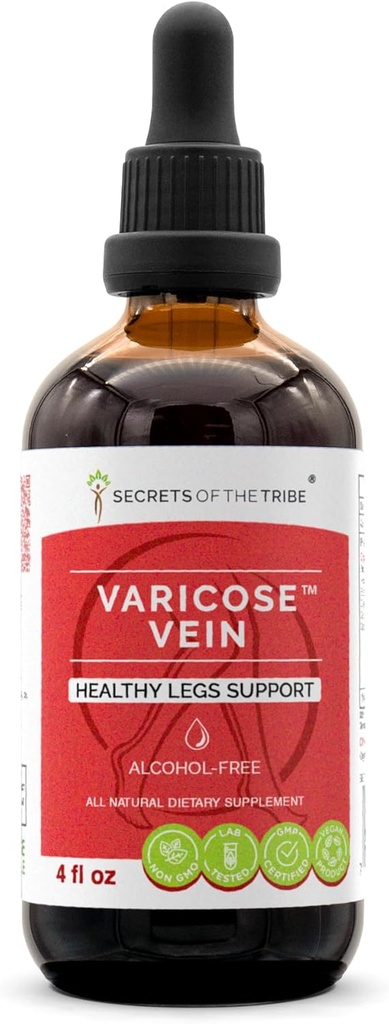 Secrets de la Tribe Varicose Vein Alcohol-Free, Glycerite Butcher's Broom, Horse Chestnut, Bilberry, Cayenne, Gotu Kola, Grape. Teinture, extrait d'herbe jambes saines soutenir 4 OZ