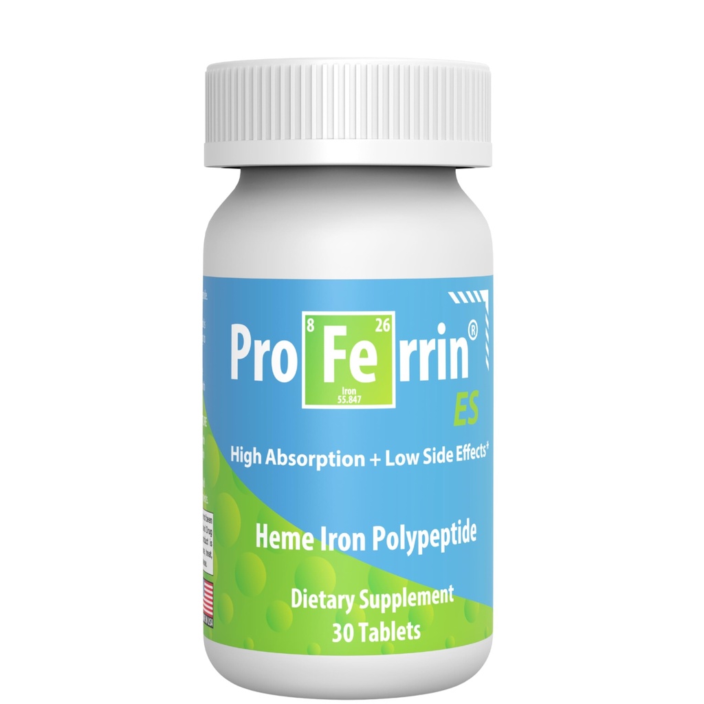 Proferrin ES- 10,5mg de polypeptide de fer à haute absorption. Fabriqué aux USA. 30 comprimés. Doucement sur le Gut. Non affecté par le café, le calcium ou les PPI.