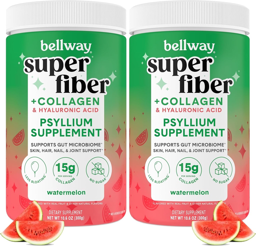 Poudre Super Fibre de Bellway + Collagène (2 packs), Poudre sans sucre de Psyllium avec Peptides de Collagène et acide hyaluronique pour la santé de Gut, peau saine, ongles, os et articulations, pastèque (21,2 oz)