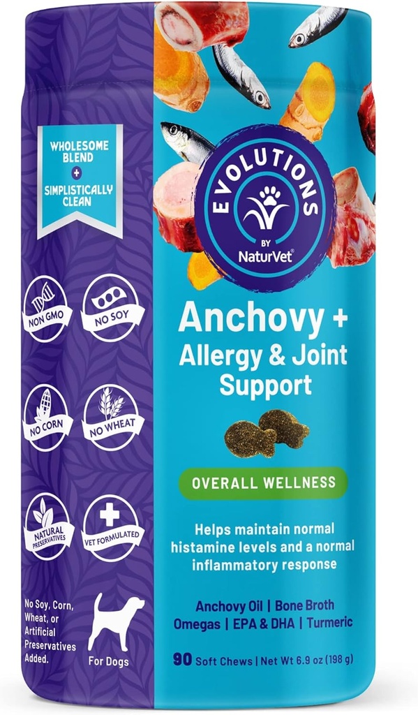 NaturVet Evolutions Anchovy + Allergy & Joint Support 90ct Soft Chews for Dogs - Anchovy Oil, os Broth - Aide à maintenir des niveaux normaux d'histamine - Aide à soutenir une réponse inflammatoire normale