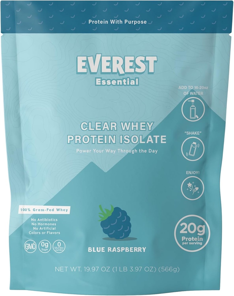 Everest Essential, 100% Grass-Fed Protein Powder (20 Servings), Blue Raspberry, Zero Sugar, Lactose-Free, Electrolyte-Infused, Grass-Fed Whey Protein Isolate, Natural Flavor, 20g Protein per Serving