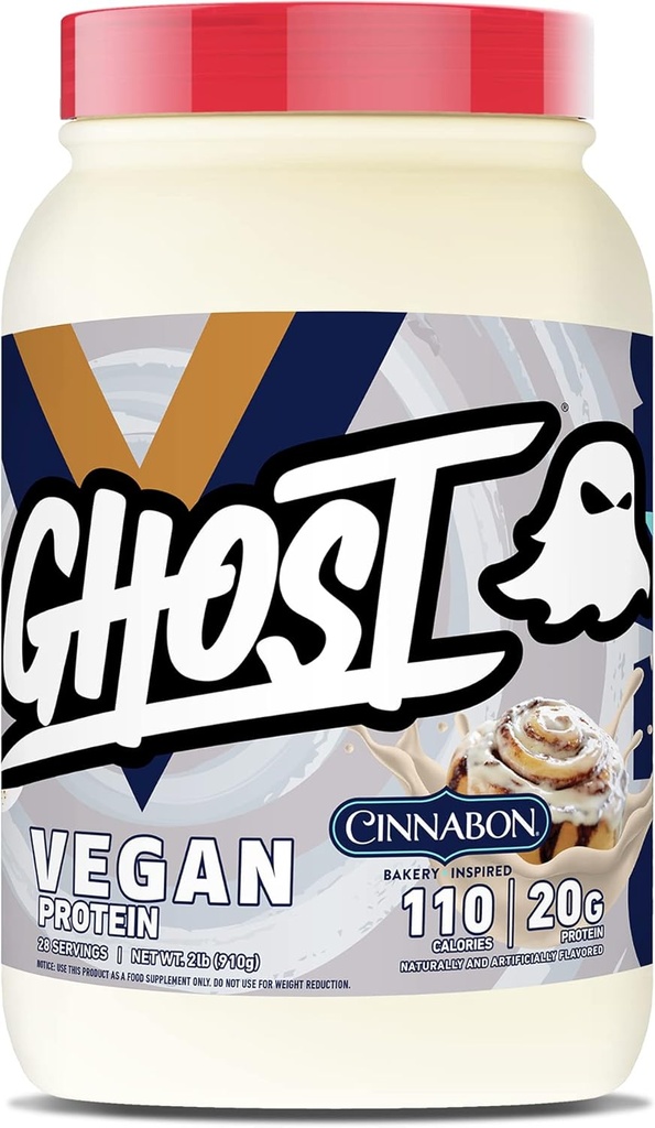 GHOST Vegan Protein Powder, Cinnabon - 2lb, 20g de protéines - Pois à base de plantes et protéines de citrouille organiques - Après l'entraînement et la nutrition Shakes, Smoothies, & Baking - Soy et sans gluten