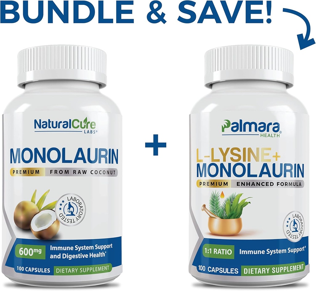 Ensemble de laboratoires de guérison naturels: Premium Monolaurin 600mg + L-Lysine + Monolaurin 1:1 Rapport