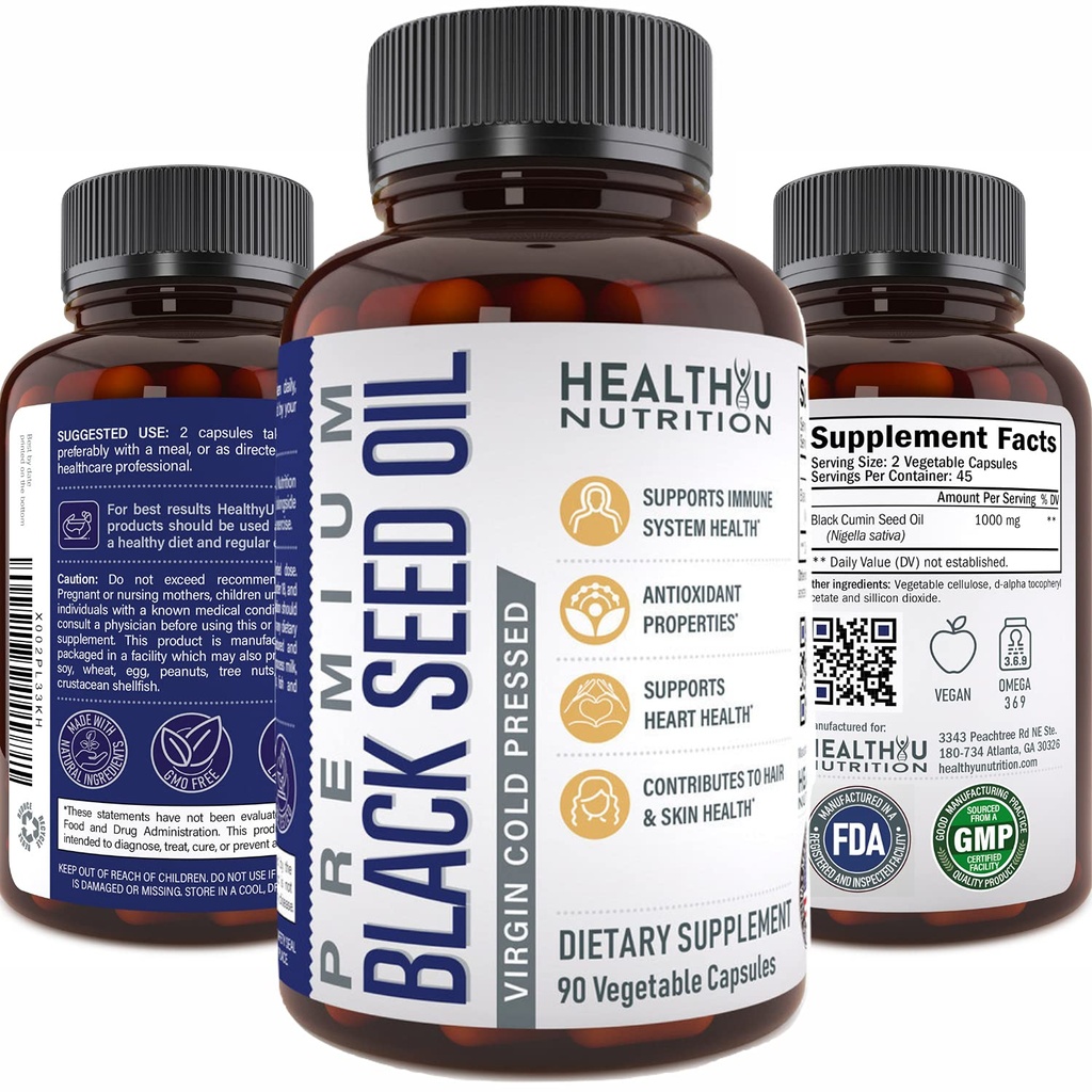 Capsules d'huile de graines de cumin noir premium - Virgin Cold Pressed Nigella Sativa Black Seed Oil Pills - Supplément de soutien immunitaire - Omega 3 6 9 Vitamine E Blackseed for Nails Hair Skin 1000 mg p/Serving