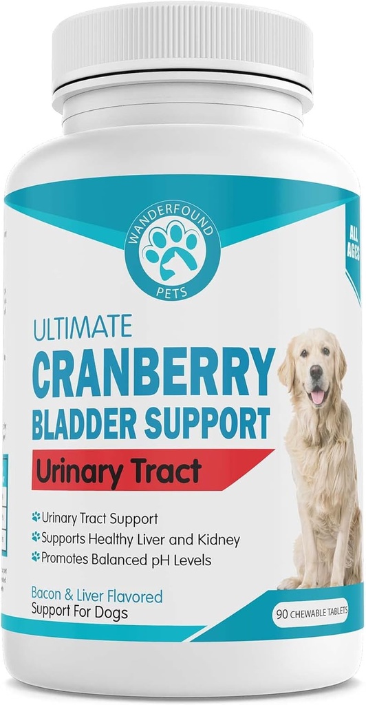 Animaux de compagnie Wanderfound Ultimate Cranberry Bladder UTI Supplément de soutien pour chiens - Dog Urinary Tract Incontinence Formule avec Cordyceps Champignon - Bacon & Foie Flavor - 90 comprimés à croquer