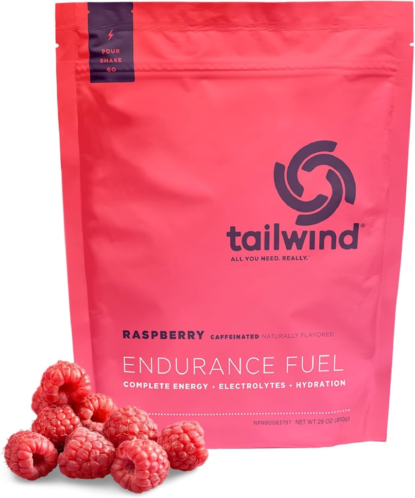 Tailwind Nutrition Endurance Carburant, glucides et électrolytes boissons sportives Mélange de poudre, sans gluten, végétalien, framboise Buzz, 30 portions (caféiné)