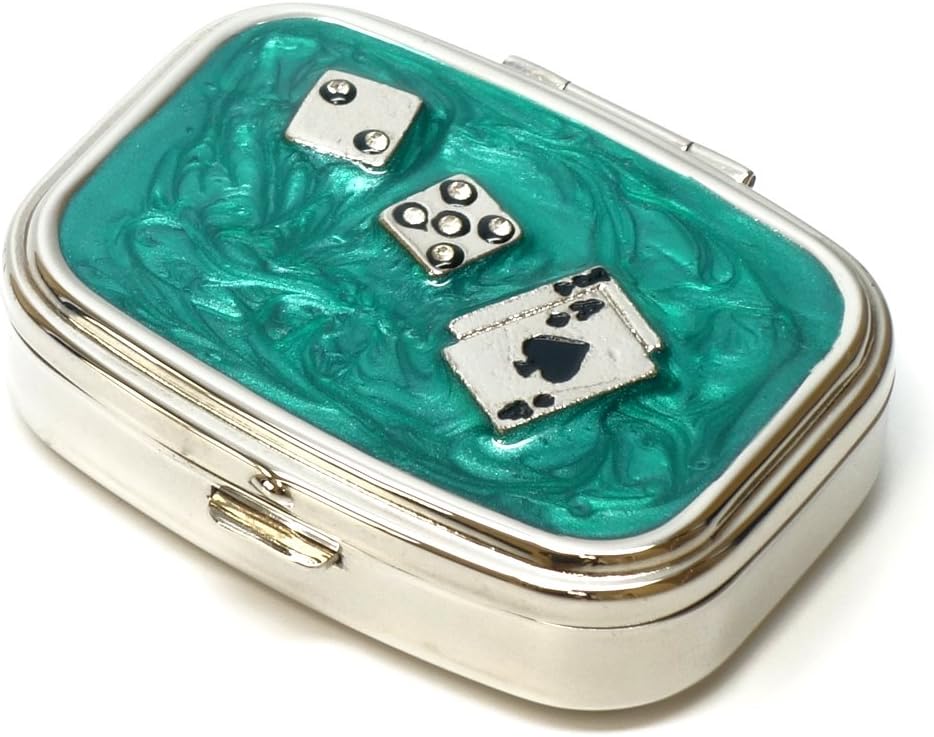 9338 Rectangulaire Petite Pill Box Organisateur Aqua Green Silver Poker & Dice Femmes Voyage Pill Case Purse Pocket Container Daily Portable Medicine Vitamine Box Supplément Médicament Mini Stockage