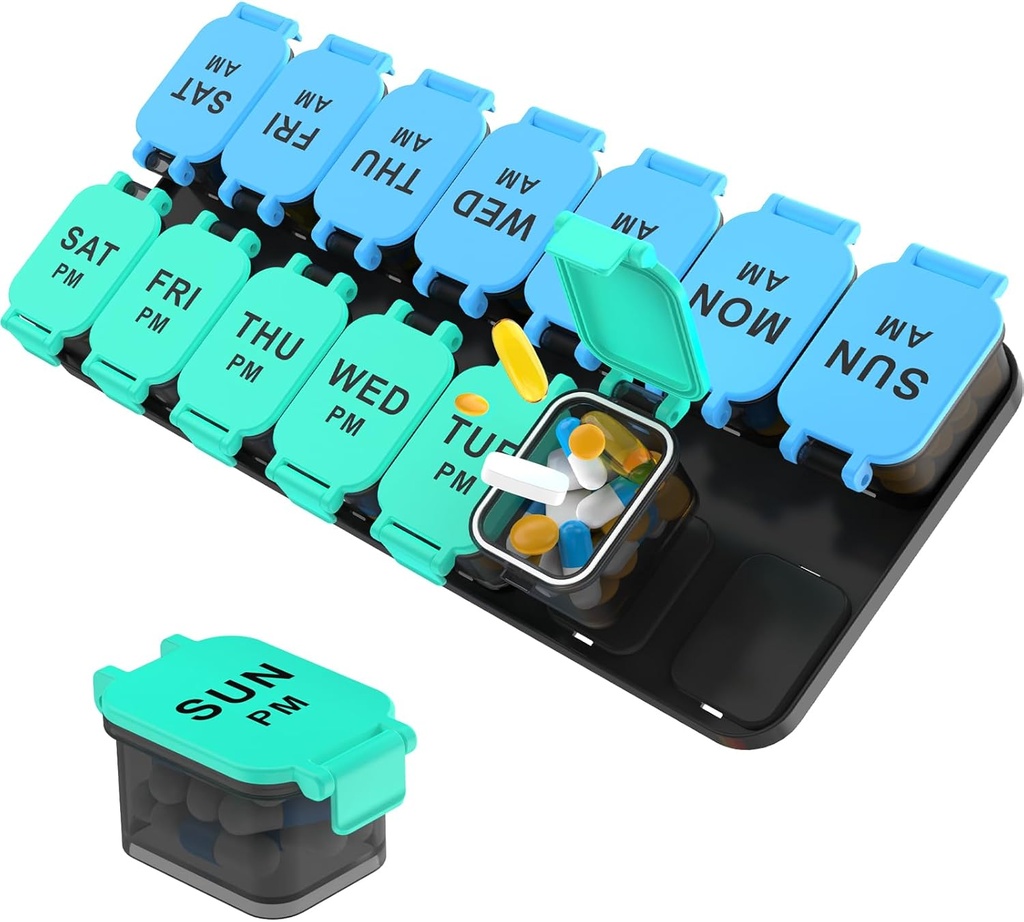 Grand Organisateur de pilules de 7 jours, XL AM PM Deux fois par jour Boîte de stockage de médicaments, grand support de pilules de 2 semaines pour pilules, vitamines et suppléments, cas de pilule de voyage pour les médicaments (Blue+ Cyan)