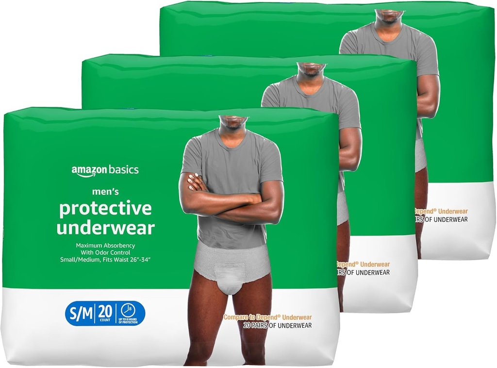 Bases Incontinence Sous-vêtements pour hommes, Absorbance maximale, Petit/Moyen, 60 Nombre (3 Packs de 20)