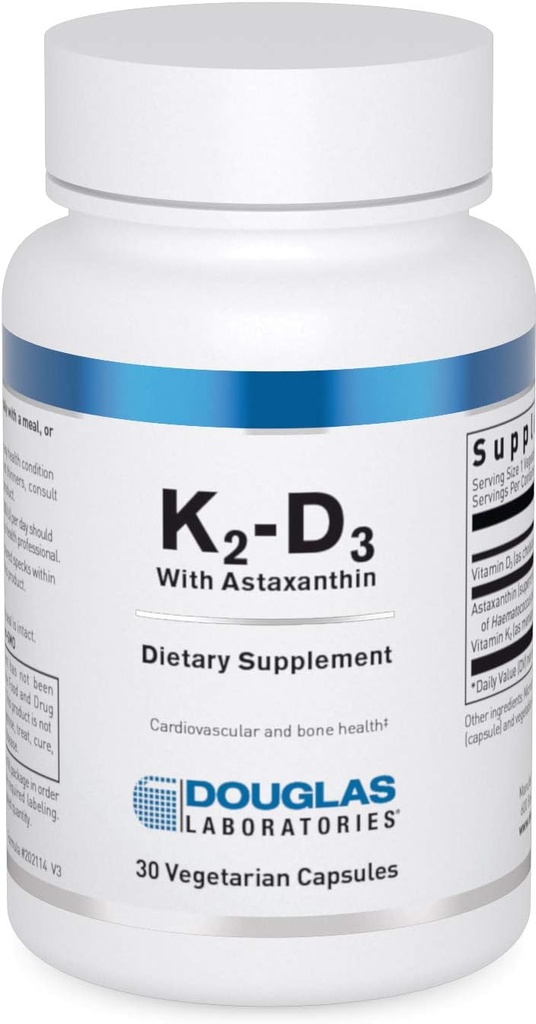 Douglas Laboratories K2-D3 avec l'astaxanthine - Soutien antioxydant pour les os, la fonction immunitaire et la santé vasculaire* - avec la ménaquinone-7 et la vitamine D - 30 capsules végétariennes