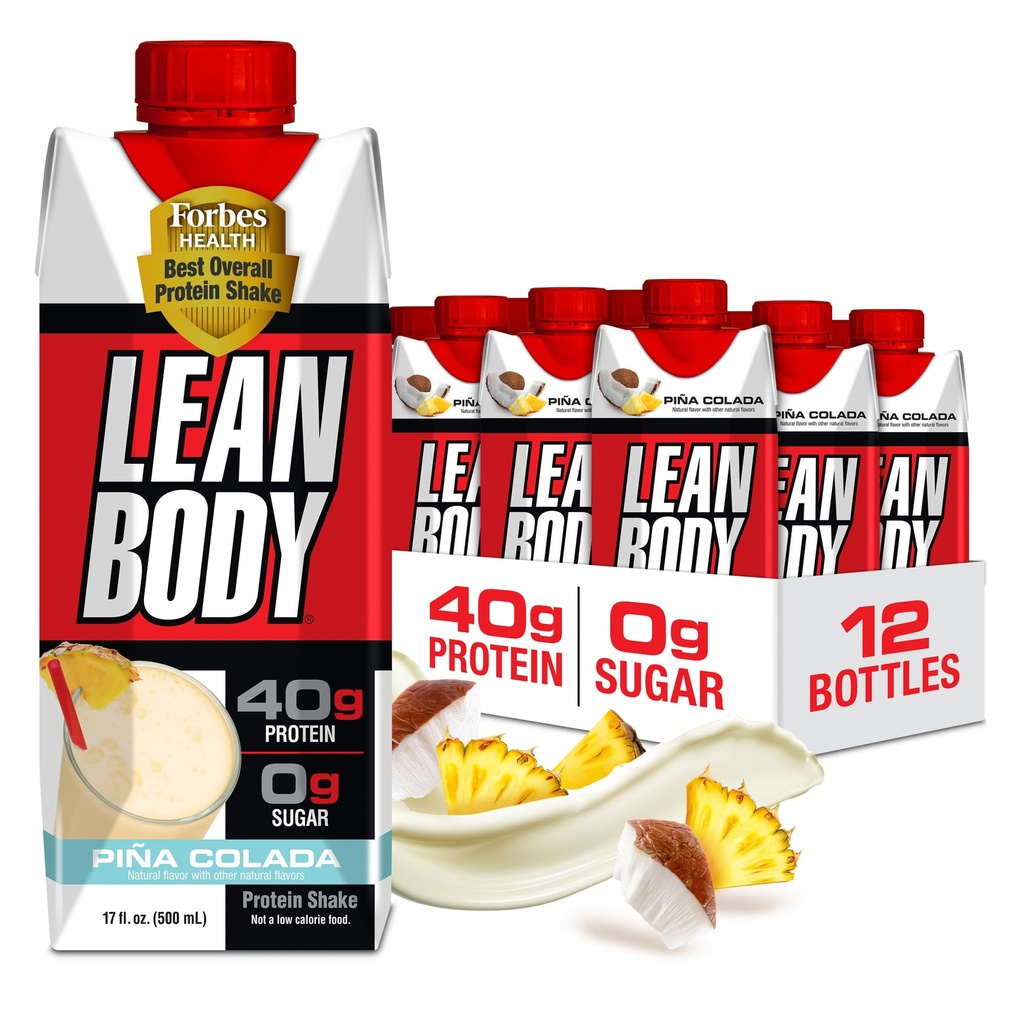 Lean Body Ready-to-Drink Pina Colada Protein Shake, 40g Protein, Whey Blend, 0 Sugar, Gluten Free, 22 Vitamins & Minerals, 17 Fl Oz (Pack of 12)