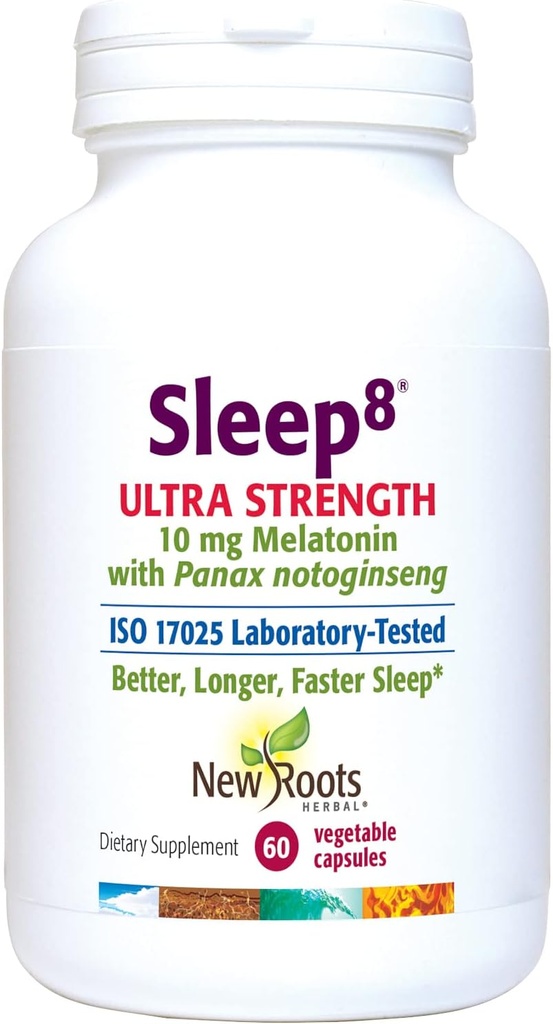 NEW ROOTS HERBAL Supplément de sommeil naturel, formule 8-en-1 ultra-strenth avec fleur de passion, camomille, houblon, Panax Gingseng, Crâne, Magnésium, 10 mg de mélatonine (60 Veg Caps)