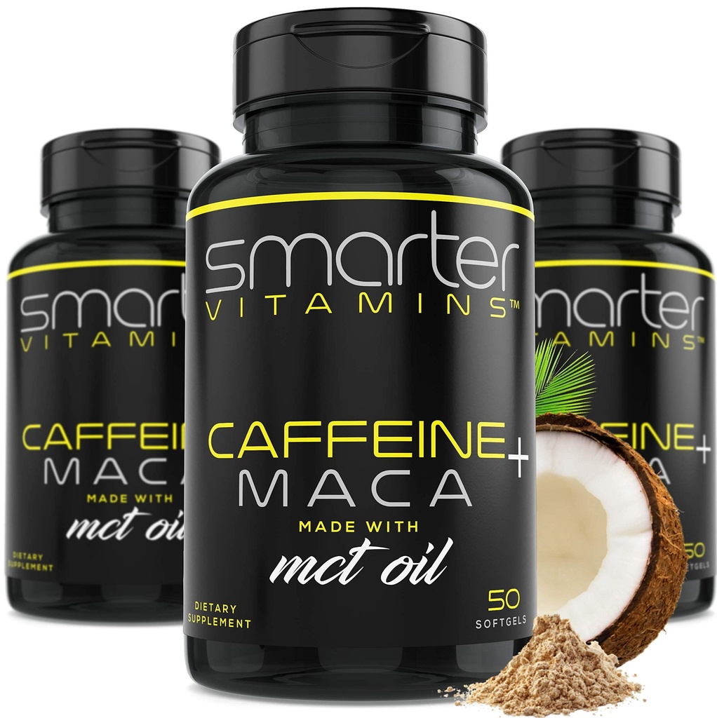 (3 Pack) Pinces plus intelligentes pour l'énergie, 200 mg de caféine et de noix de coco MCT Huile avec racine de maca, 150 softgels liquides